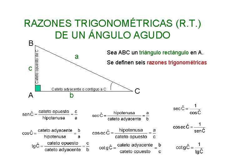 RAZONES TRIGONOMÉTRICAS (R. T. ) DE UN ÁNGULO AGUDO c A Cateto opuesto de