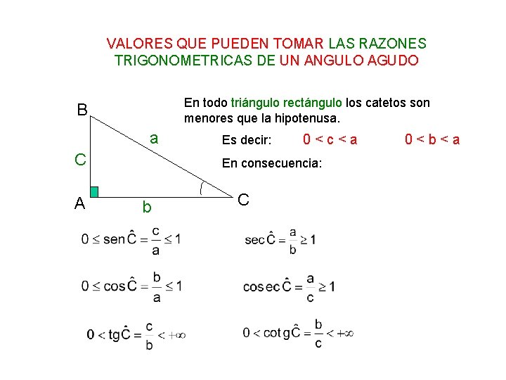 VALORES QUE PUEDEN TOMAR LAS RAZONES TRIGONOMETRICAS DE UN ANGULO AGUDO En todo triángulo