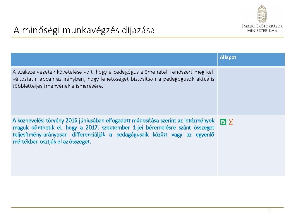 A minőségi munkavégzés díjazása Állapot A szakszervezetek követelése volt, hogy a pedagógus előmeneteli rendszert