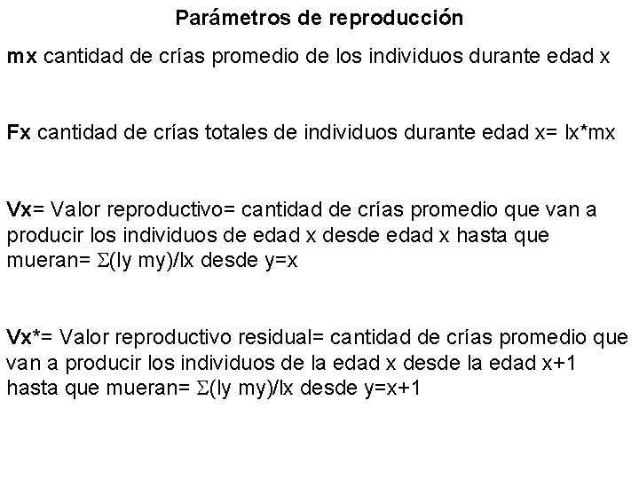 Parámetros de reproducción mx cantidad de crías promedio de los individuos durante edad x Parámetros de reproducción mx cantidad de crías promedio de los individuos durante edad x