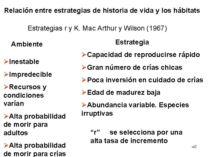 Relación entre estrategias de historia de vida y los hábitats Estrategias r y K. Relación entre estrategias de historia de vida y los hábitats Estrategias r y K.