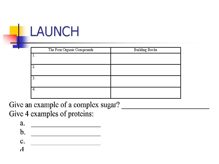 LAUNCH The Four Organic Compounds Building Bocks 1. 2. 3. 4. 