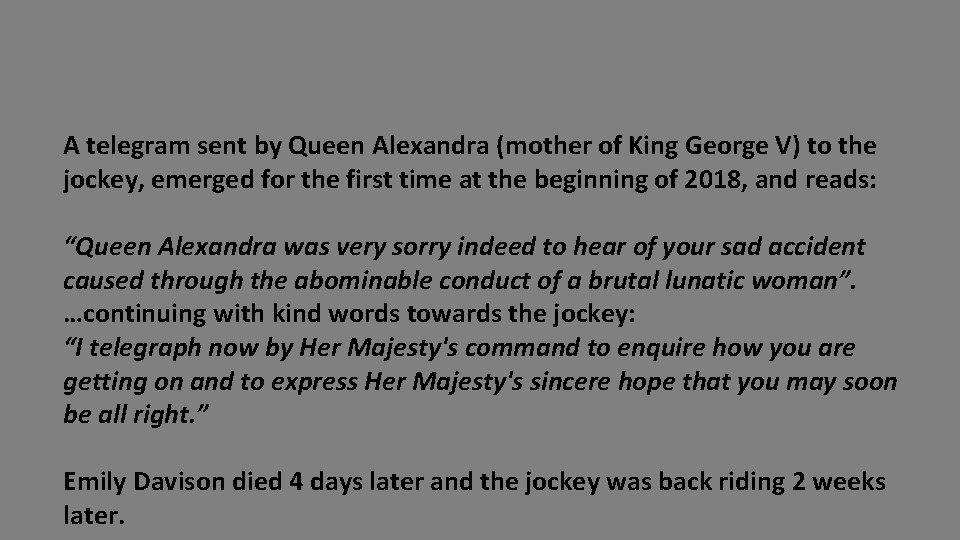 A telegram sent by Queen Alexandra (mother of King George V) to the jockey,