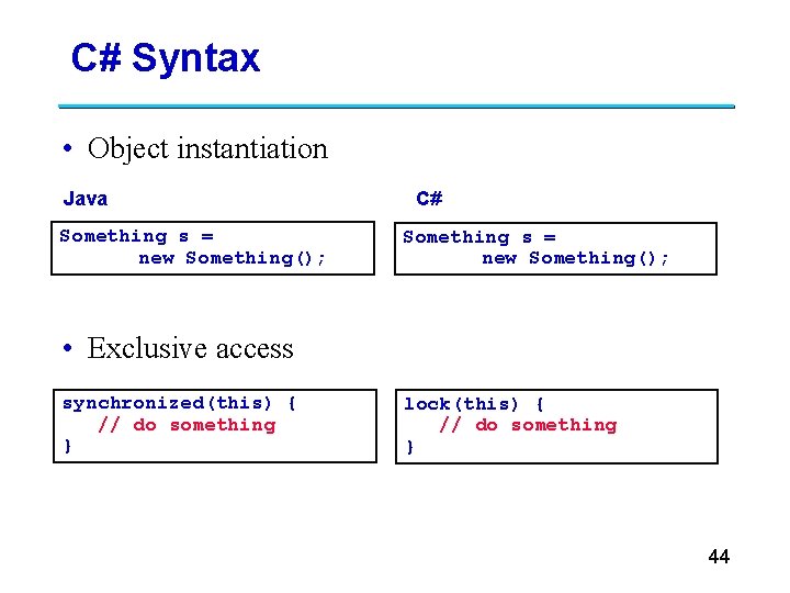 C# Syntax • Object instantiation Java Something s = new Something(); C# Something s