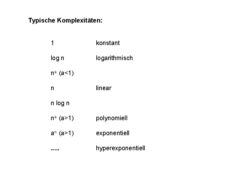 Typische Komplexitäten: 1 konstant log n logarithmisch na (a<1) n linear n log n