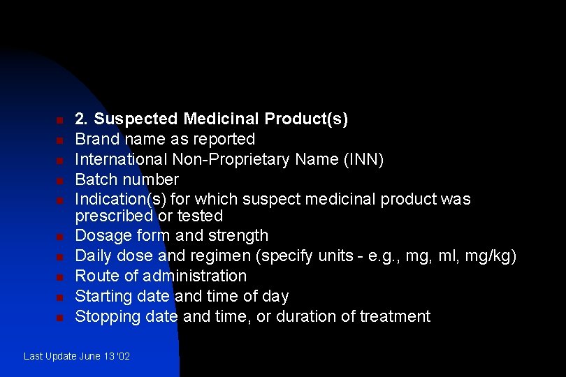 n n n n n 2. Suspected Medicinal Product(s) Brand name as reported International