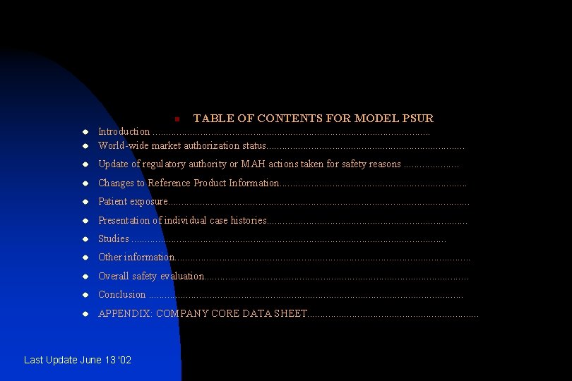 n TABLE OF CONTENTS FOR MODEL PSUR u Introduction. . . . . .