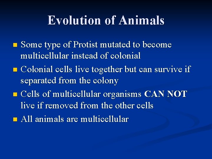 Evolution of Animals Some type of Protist mutated to become multicellular instead of colonial