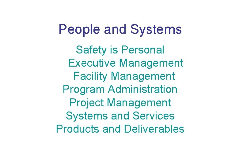 People and Systems Safety is Personal Executive Management Facility Management Program Administration Project Management
