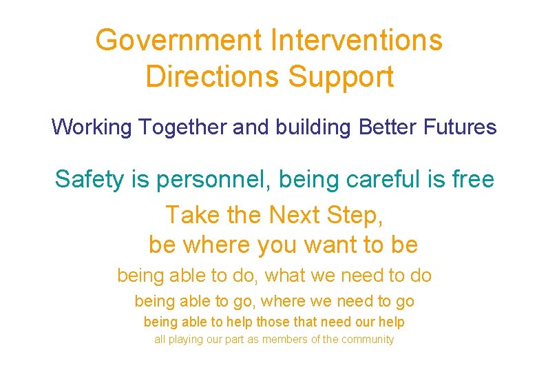 Government Interventions Directions Support Working Together and building Better Futures Safety is personnel, being