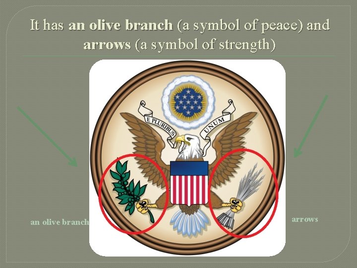 It has an olive branch (a symbol of peace) and arrows (a symbol of