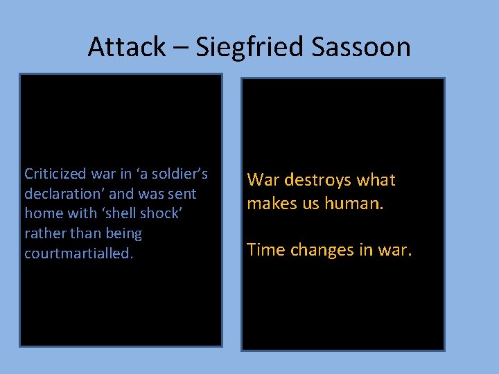Attack – Siegfried Sassoon Criticized war in ‘a soldier’s declaration’ and was sent home