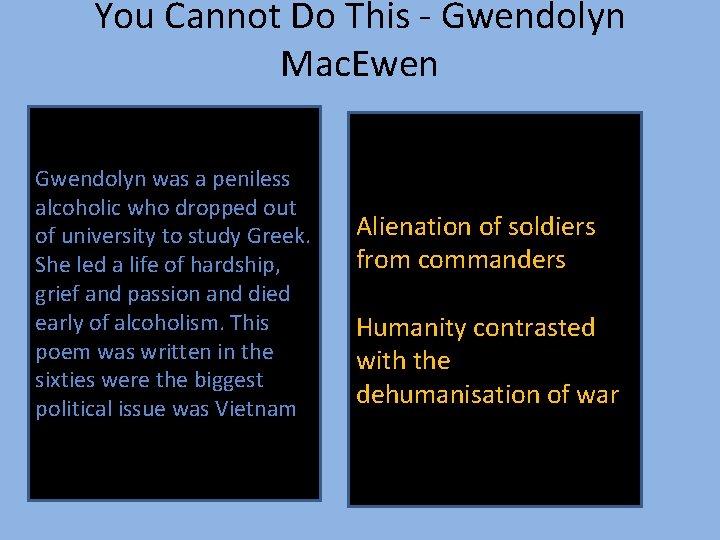 You Cannot Do This - Gwendolyn Mac. Ewen Gwendolyn was a peniless alcoholic who