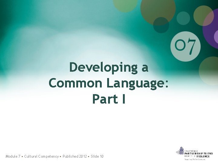 Developing a Common Language: Part I Module 7 • Cultural Competency • Published 2012