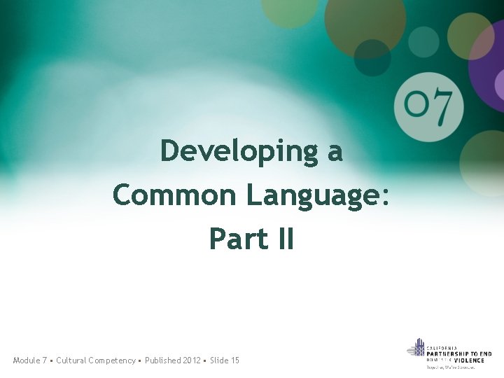 Developing a Common Language: Part II Module 7 • Cultural Competency • Published 2012