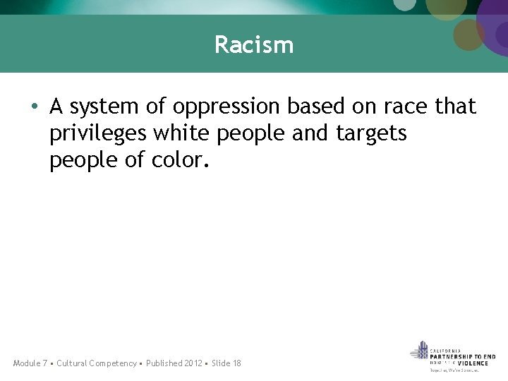 Racism • A system of oppression based on race that privileges white people and