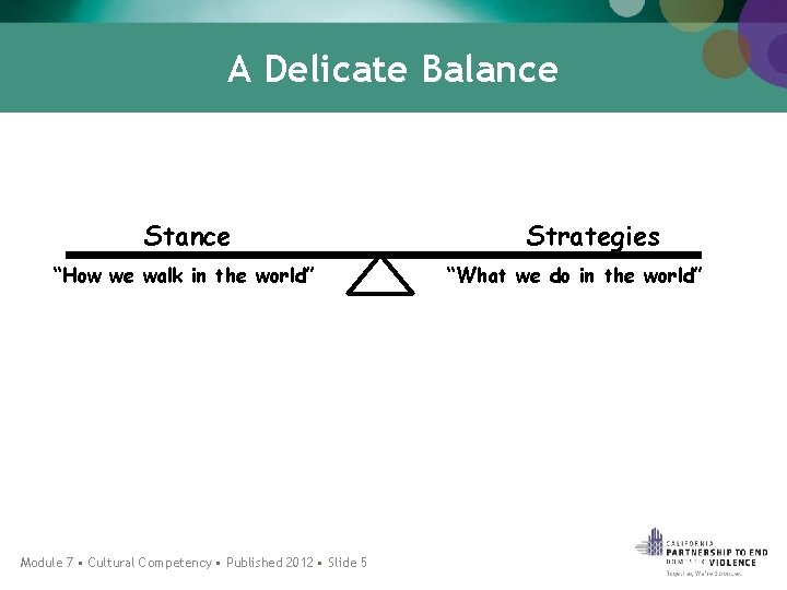 A Delicate Balance Stance “How we walk in the world” Module 7 • Cultural