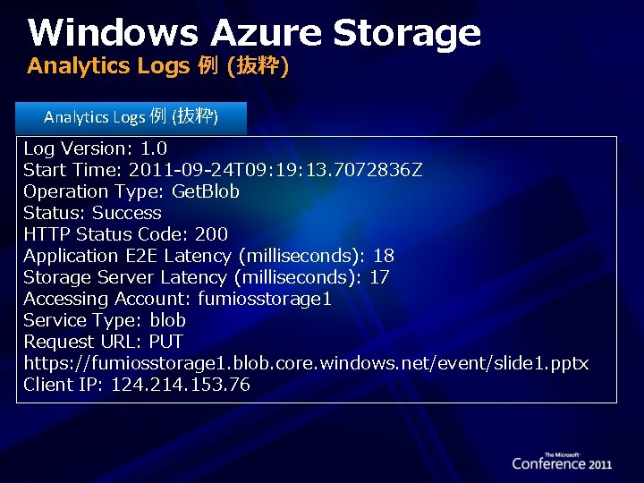 Windows Azure Storage Analytics Logs 例 (抜粋) Log Version: 1. 0 Start Time: 2011