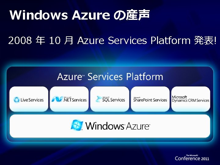 Windows Azure の産声 2008 年 10 月 Azure Services Platform 発表! 