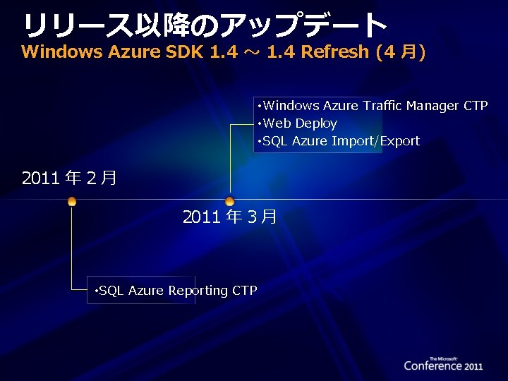 リリース以降のアップデート Windows Azure SDK 1. 4 ～ 1. 4 Refresh (4 月) • Windows