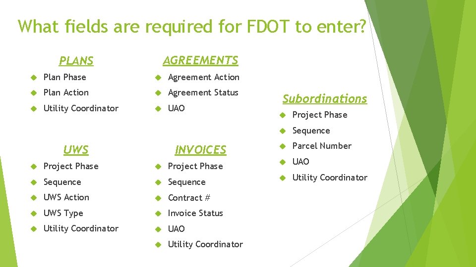 What fields are required for FDOT to enter? AGREEMENTS PLANS Plan Phase Agreement Action