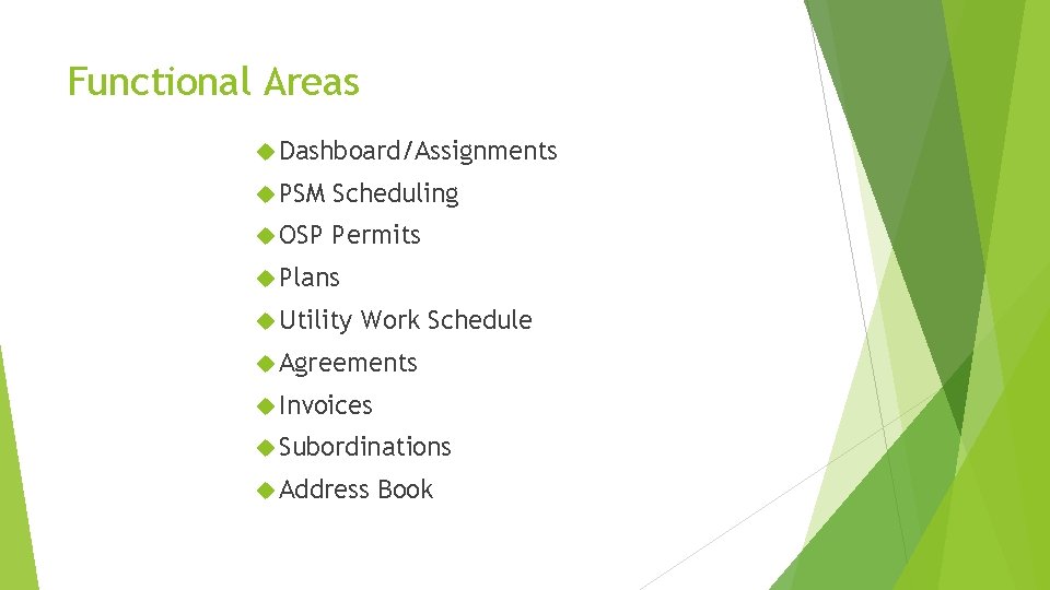 Functional Areas Dashboard/Assignments PSM Scheduling OSP Permits Plans Utility Work Schedule Agreements Invoices Subordinations