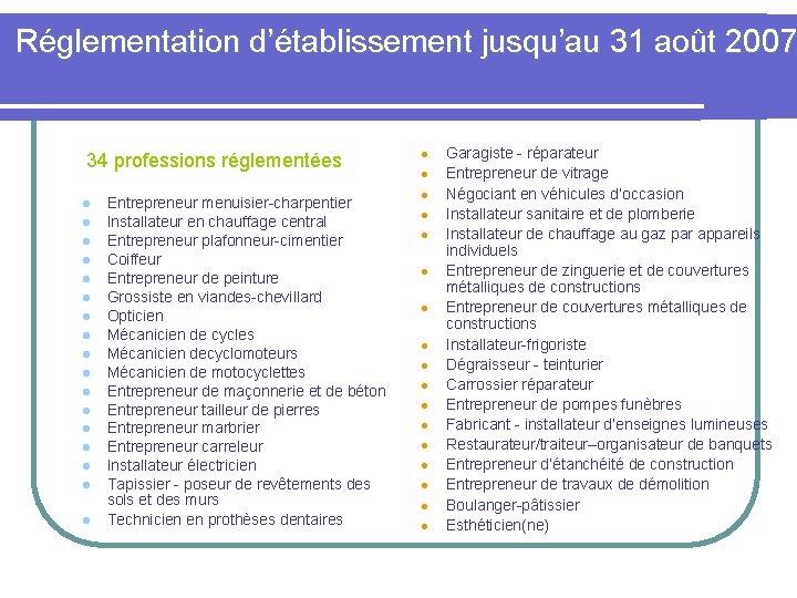 Réglementation d’établissement jusqu’au 31 août 2007 34 professions réglementées l l l l l