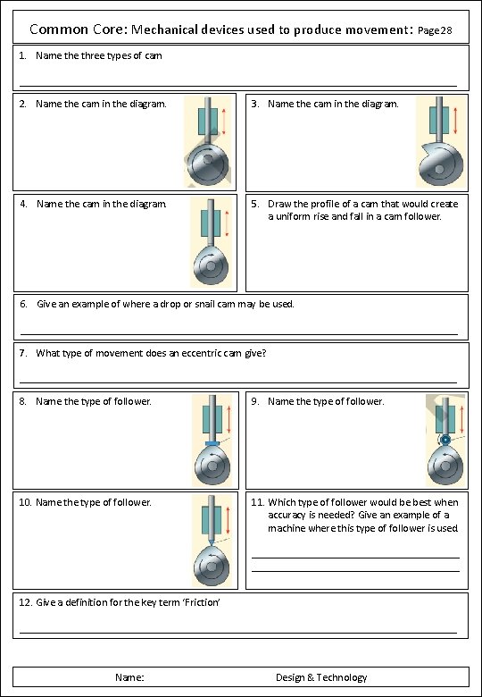 Common Core: Mechanical devices used to produce movement: Page 28 1. Name three types