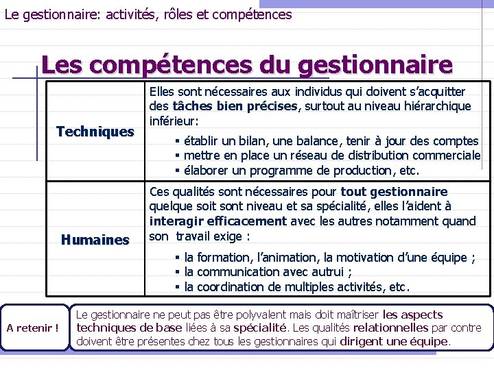 Le gestionnaire: activités, rôles et compétences Les compétences du gestionnaire Techniques Humaines Elles sont Le gestionnaire: activités, rôles et compétences Les compétences du gestionnaire Techniques Humaines Elles sont