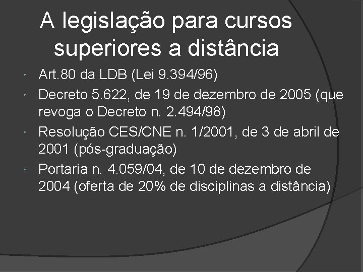 A legislação para cursos superiores a distância Art. 80 da LDB (Lei 9. 394/96)