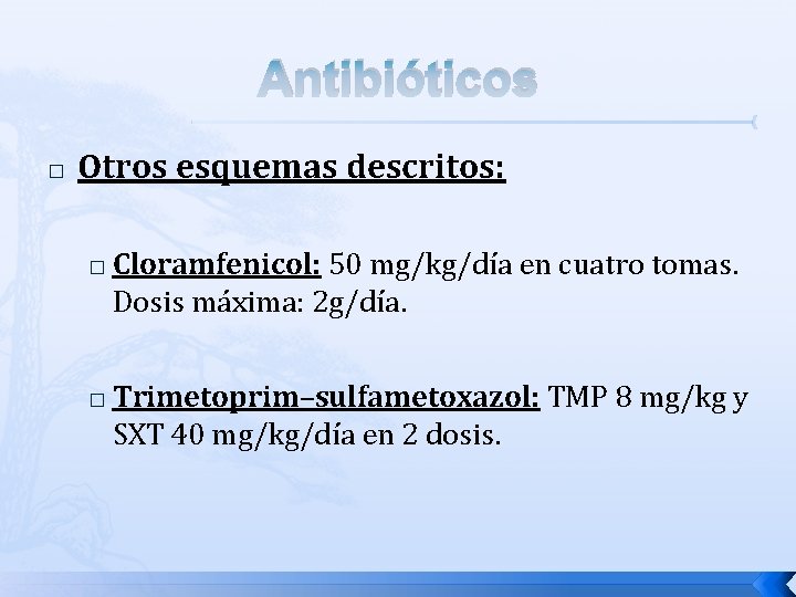 Antibióticos � Otros esquemas descritos: � � Cloramfenicol: 50 mg/kg/día en cuatro tomas. Dosis