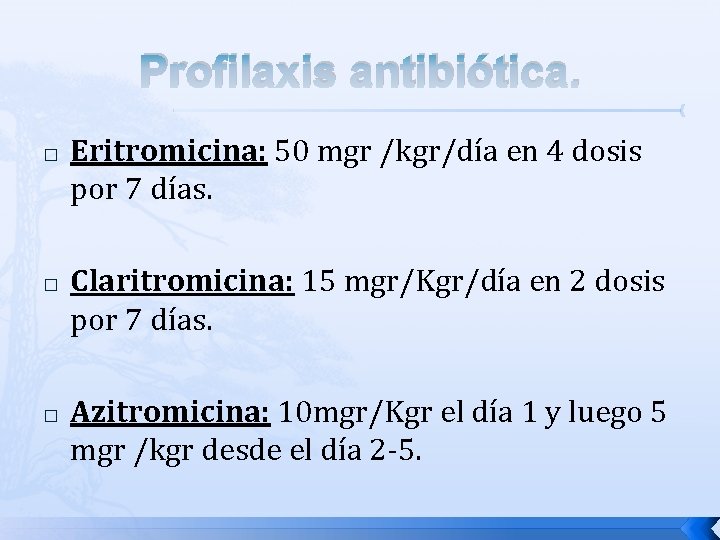 Profilaxis antibiótica. � � � Eritromicina: 50 mgr /kgr/día en 4 dosis por 7