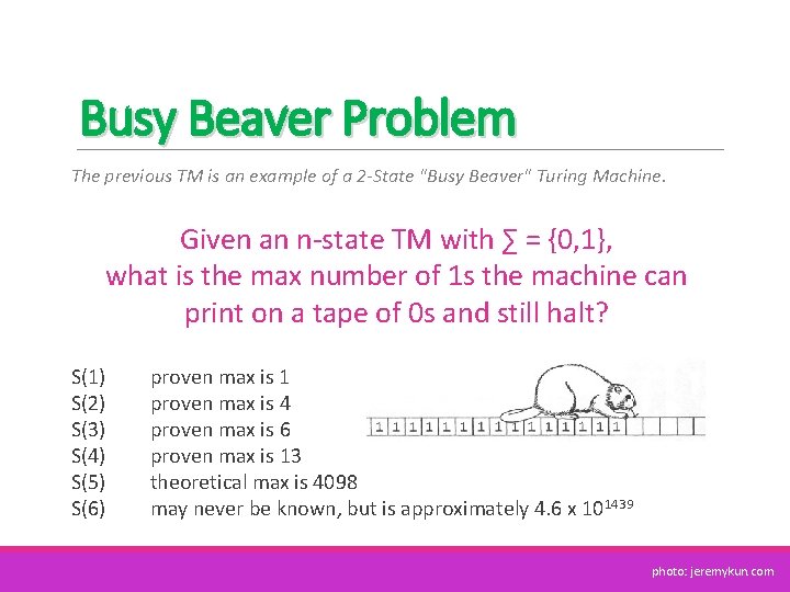 Busy Beaver Problem The previous TM is an example of a 2 -State "Busy Busy Beaver Problem The previous TM is an example of a 2 -State "Busy