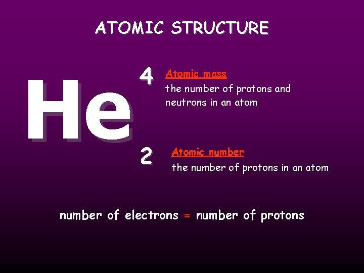 ATOMIC STRUCTURE He 4 2 Atomic mass the number of protons and neutrons in