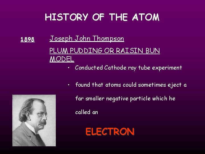 HISTORY OF THE ATOM 1898 Joseph John Thompson PLUM PUDDING OR RAISIN BUN MODEL