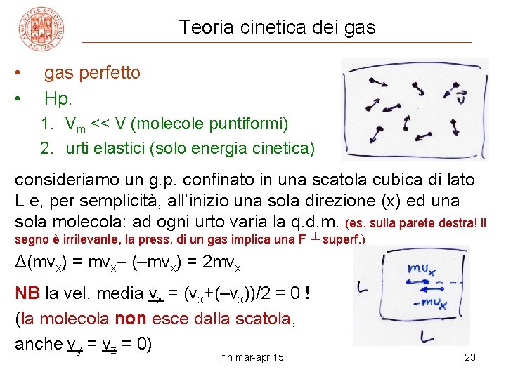 Teoria cinetica dei gas • • gas perfetto Hp. 1. Vm << V (molecole