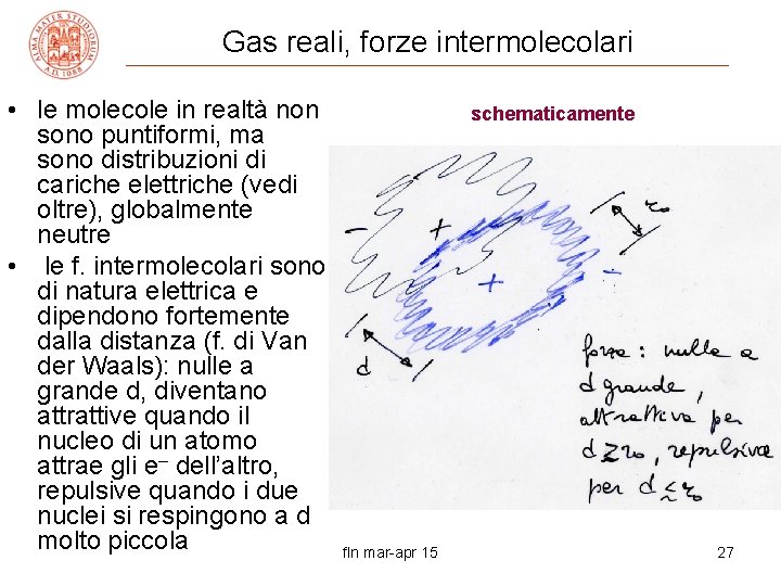 Gas reali, forze intermolecolari • le molecole in realtà non sono puntiformi, ma sono