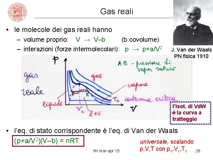 Gas reali • le molecole dei gas reali hanno – volume proprio: V →