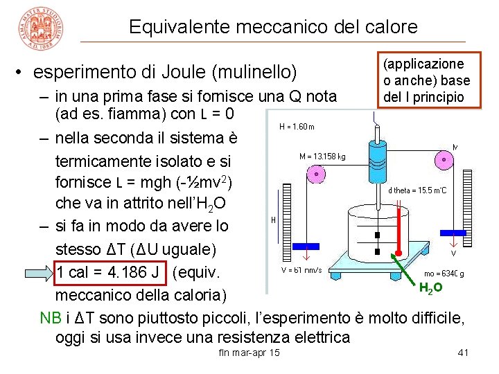 Equivalente meccanico del calore • esperimento di Joule (mulinello) – in una prima fase