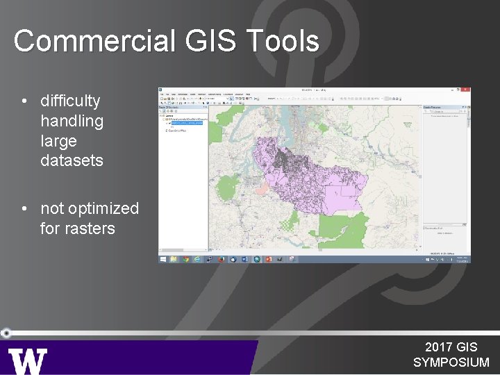 Commercial GIS Tools • difficulty handling large datasets • not optimized for rasters 2017