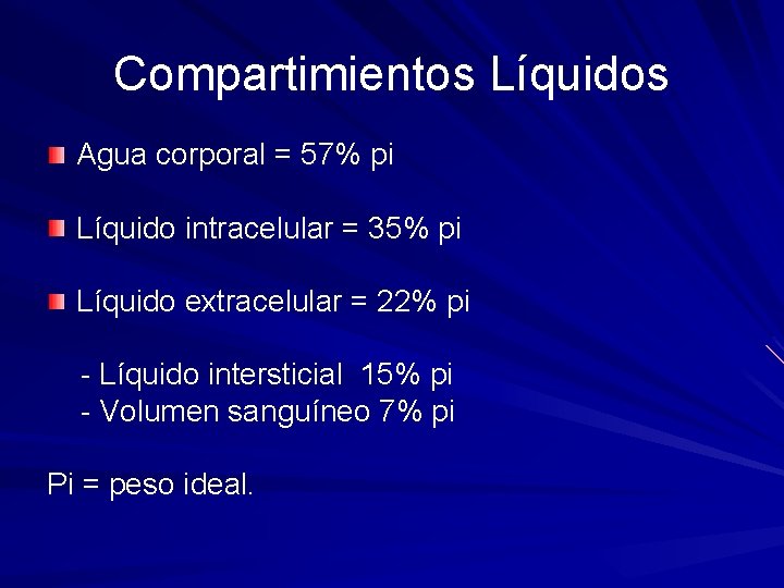 Compartimientos Líquidos Agua corporal = 57% pi Líquido intracelular = 35% pi Líquido extracelular