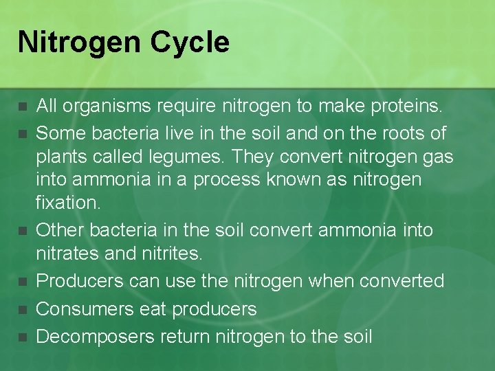 Nitrogen Cycle n n n All organisms require nitrogen to make proteins. Some bacteria