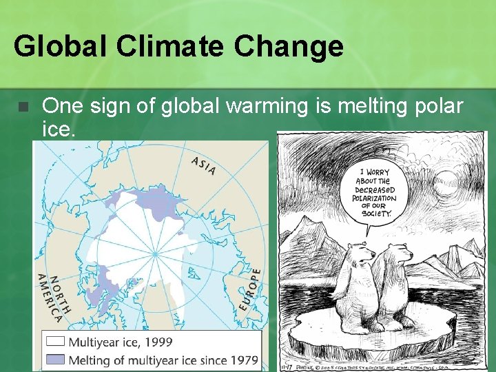 Global Climate Change n One sign of global warming is melting polar ice. 