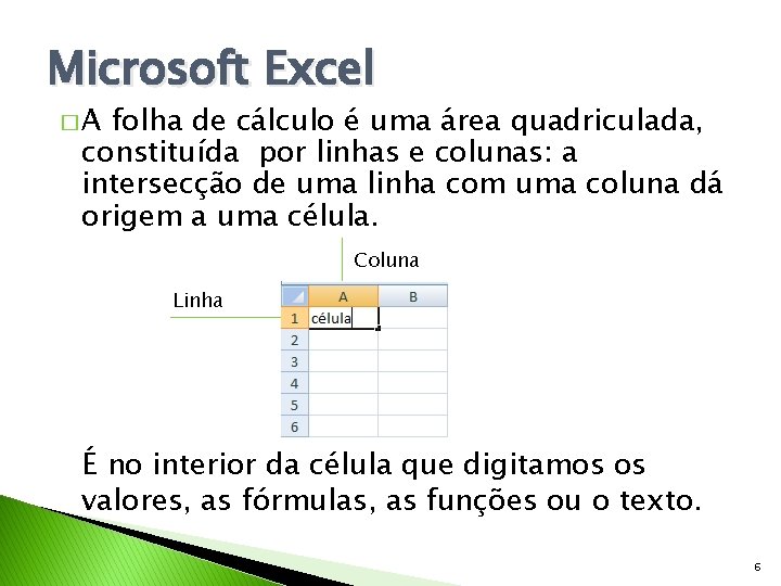 Microsoft Excel �A folha de cálculo é uma área quadriculada, constituída por linhas e