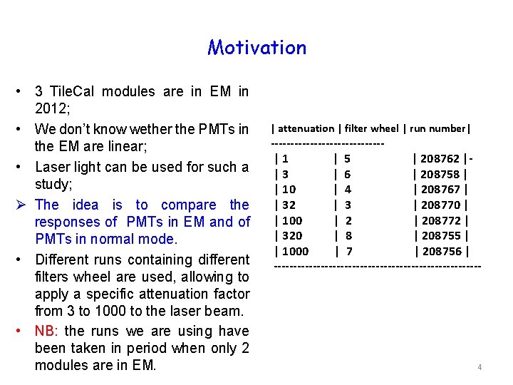 Motivation • 3 Tile. Cal modules are in EM in 2012; • We don’t