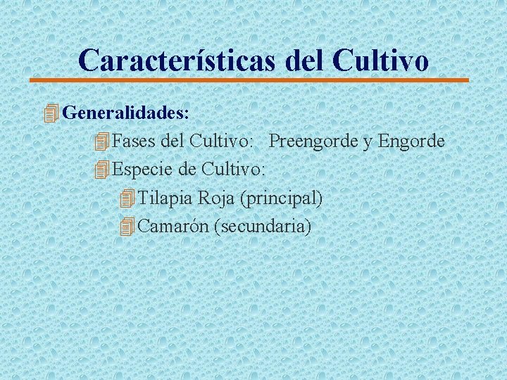 Características del Cultivo 4 Generalidades: 4 Fases del Cultivo: Preengorde y Engorde 4 Especie