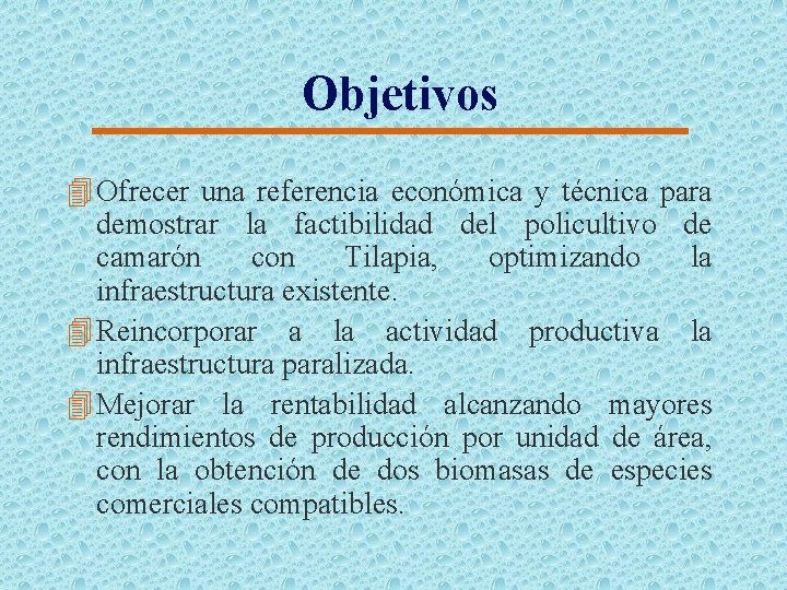 Objetivos 4 Ofrecer una referencia económica y técnica para demostrar la factibilidad del policultivo