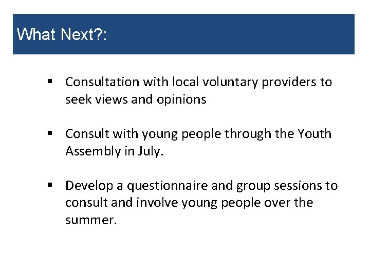 What Next? : § Consultation with local voluntary providers to seek views and opinions