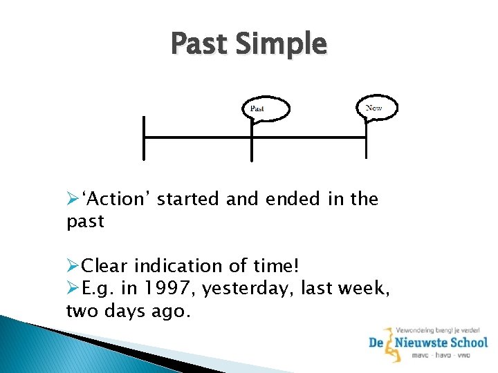 Past Simple Ø‘Action’ started and ended in the past ØClear indication of time! ØE.