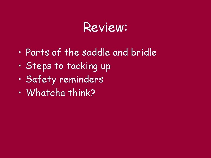 Review: • • Parts of the saddle and bridle Steps to tacking up Safety